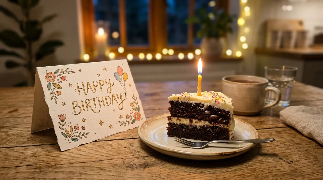 Open birthday card next to a slice of cake and a lit candle on a kitchen table. Birthday Wishes Cards