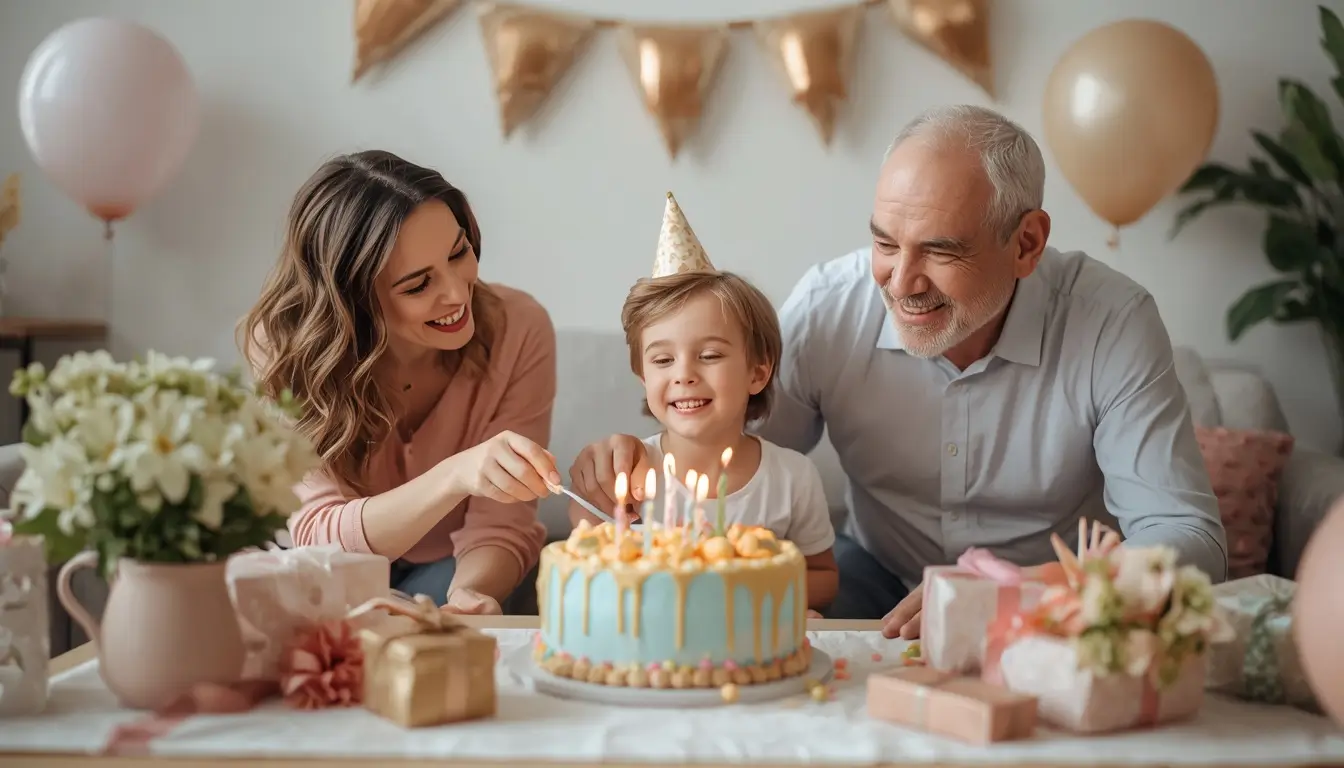 Birthday Wishes for Children with family, cake, balloons, and gifts during a joyful birthday celebration.