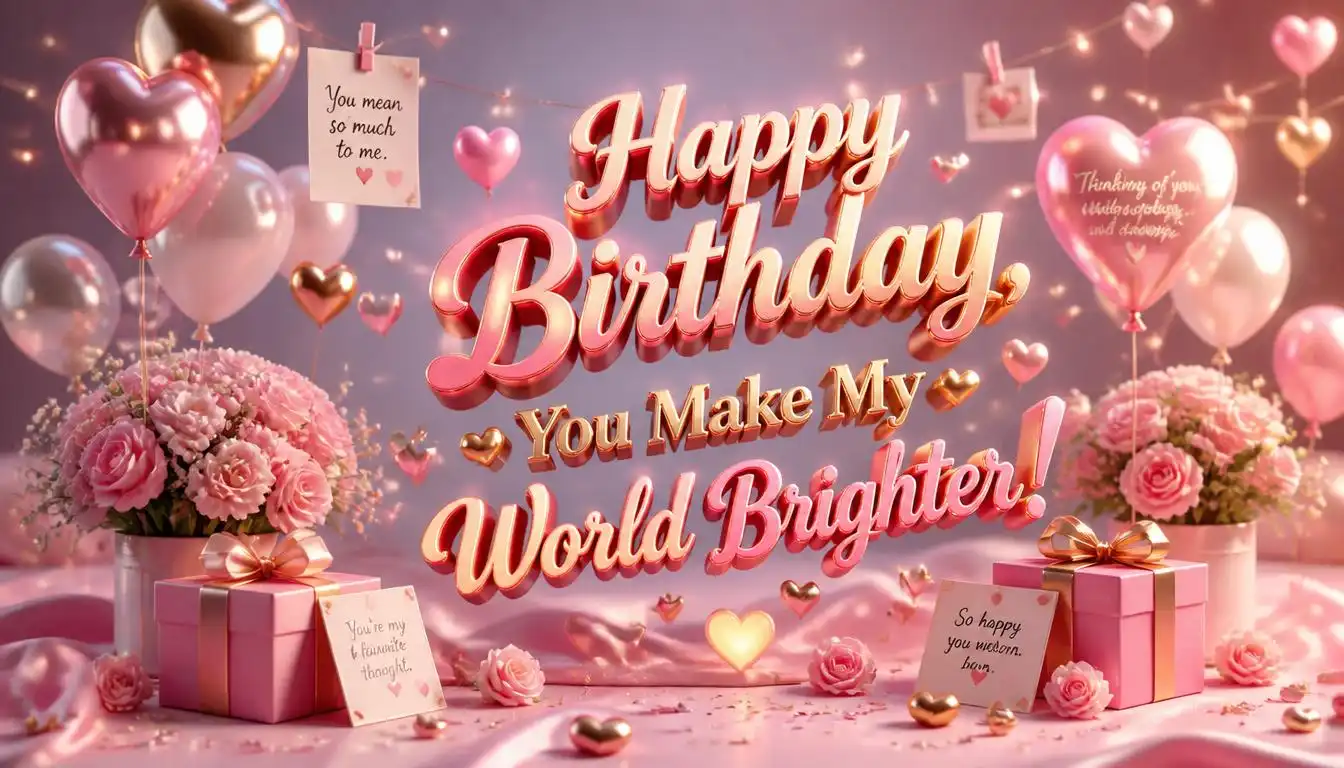Cute romantic 3D birthday design with floating typography, hearts, flowers, gifts, and joyful elements representing birthday wishes for a crush.