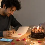 A thoughtful birthday setup with cake, flowers, and a person writing birthday wishes for their crush