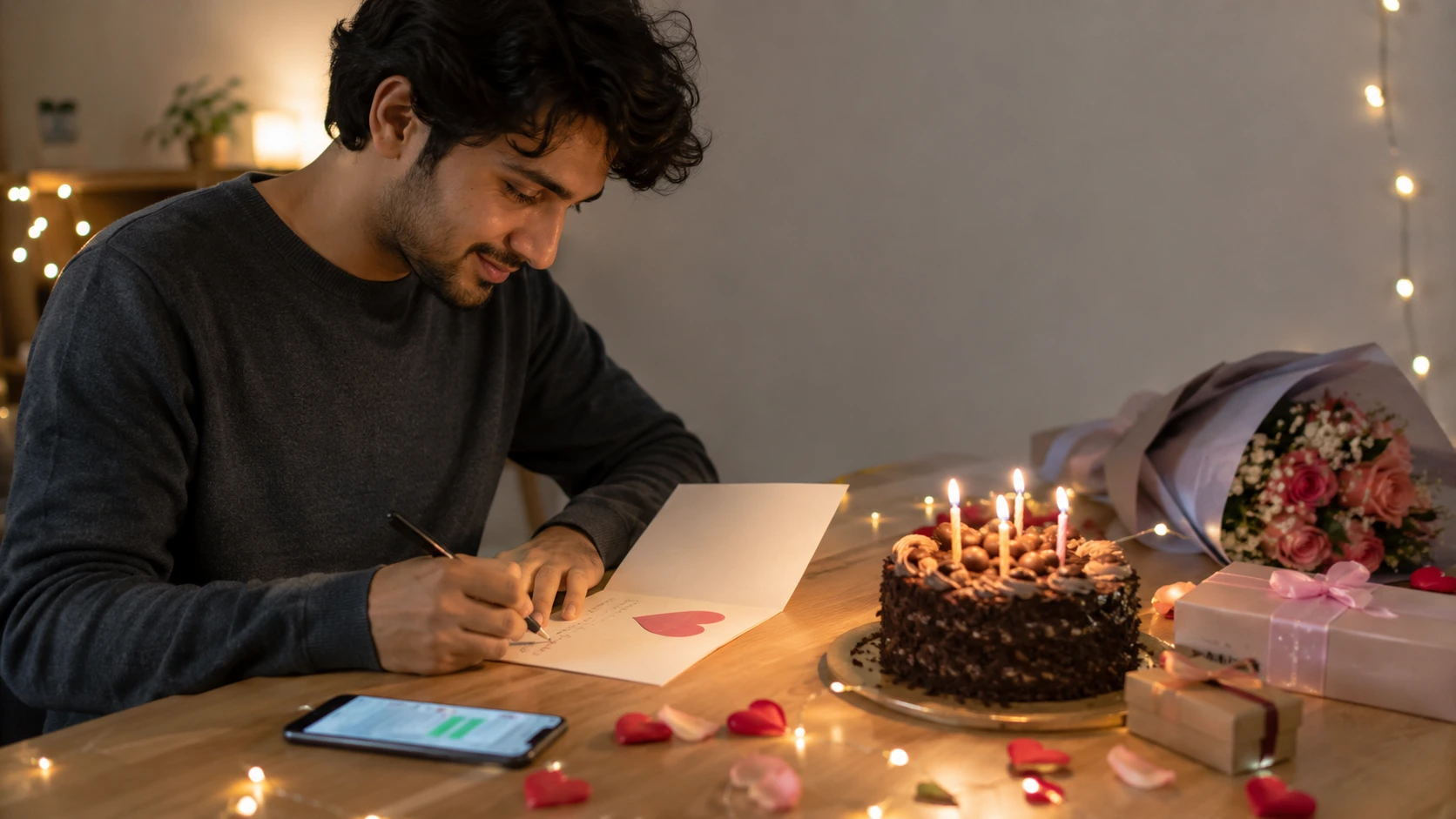 A thoughtful birthday setup with cake, flowers, and a person writing birthday wishes for their crush