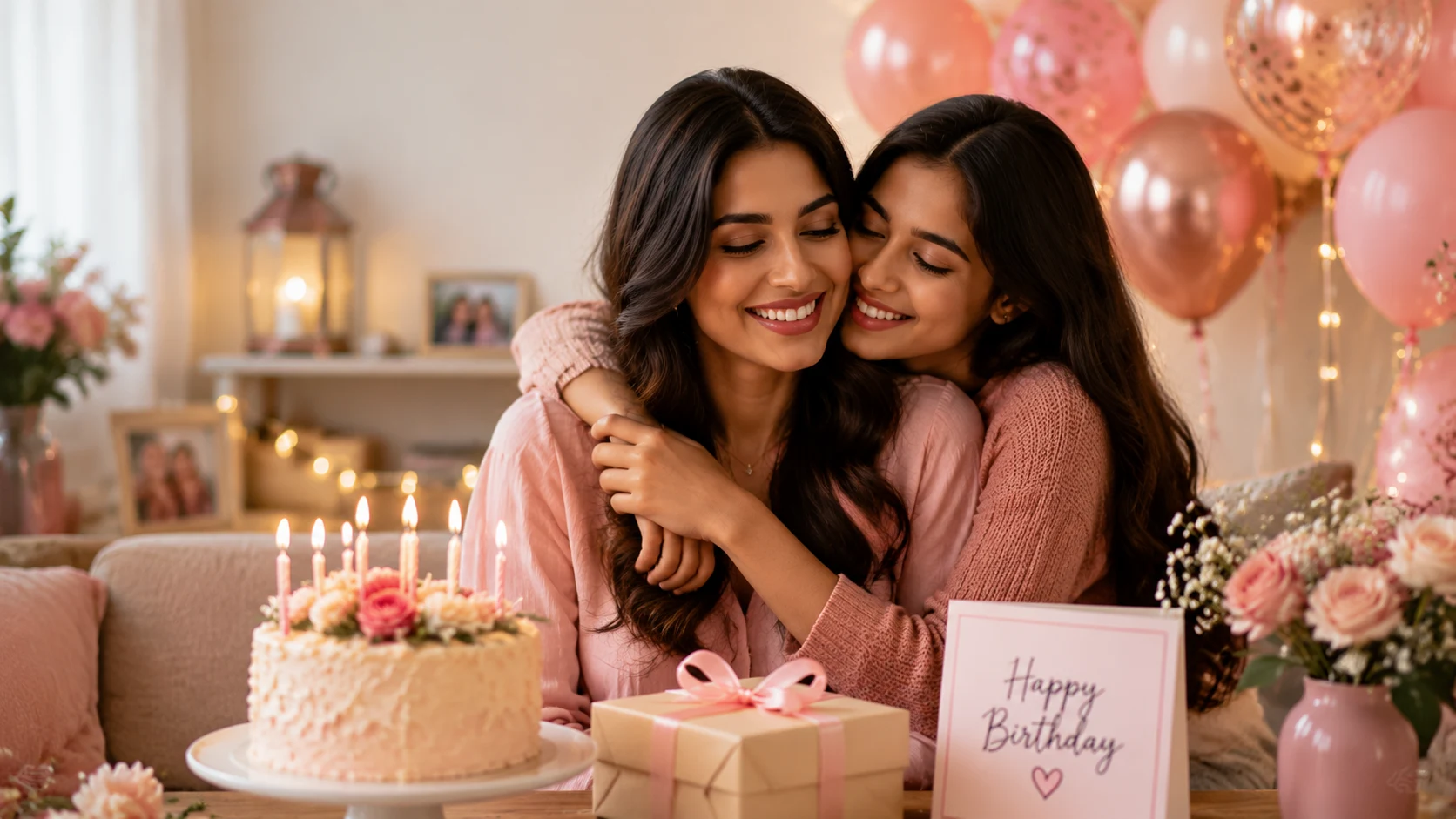 Birthday Wishes for Elder Sister featuring two sisters celebrating a birthday together with cake, flowers, gifts, and a heartfelt family moment