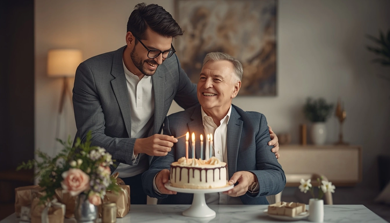 A son celebrating with his father beside a birthday cake, representing heartfelt Birthday Wishes for Father from Son.