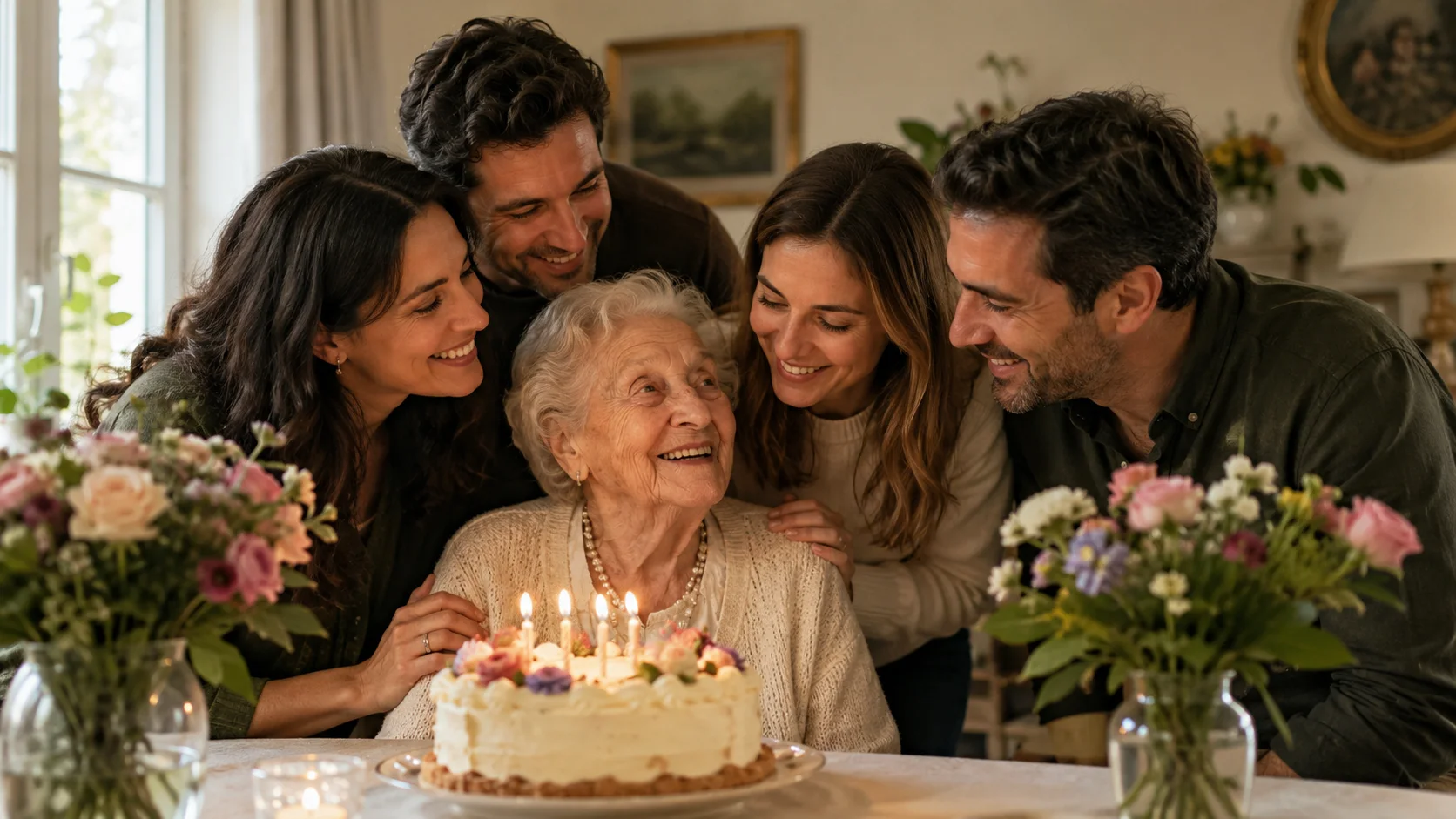 Family sharing birthday wishes for grandmother during a warm celebration at home