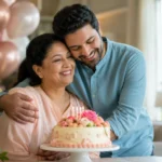 Birthday Wishes for Mother from Son with a loving mother and adult son celebrating beside a birthday cake.