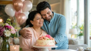 Birthday Wishes for Mother from Son with a loving mother and adult son celebrating beside a birthday cake.