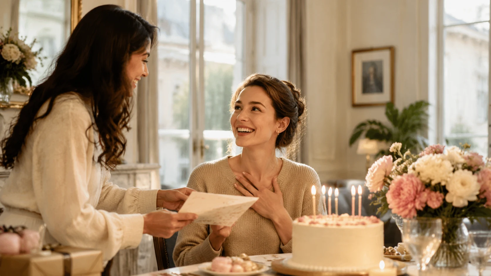 French birthday celebration with a person receiving a heartfelt birthday card and warm wishes.