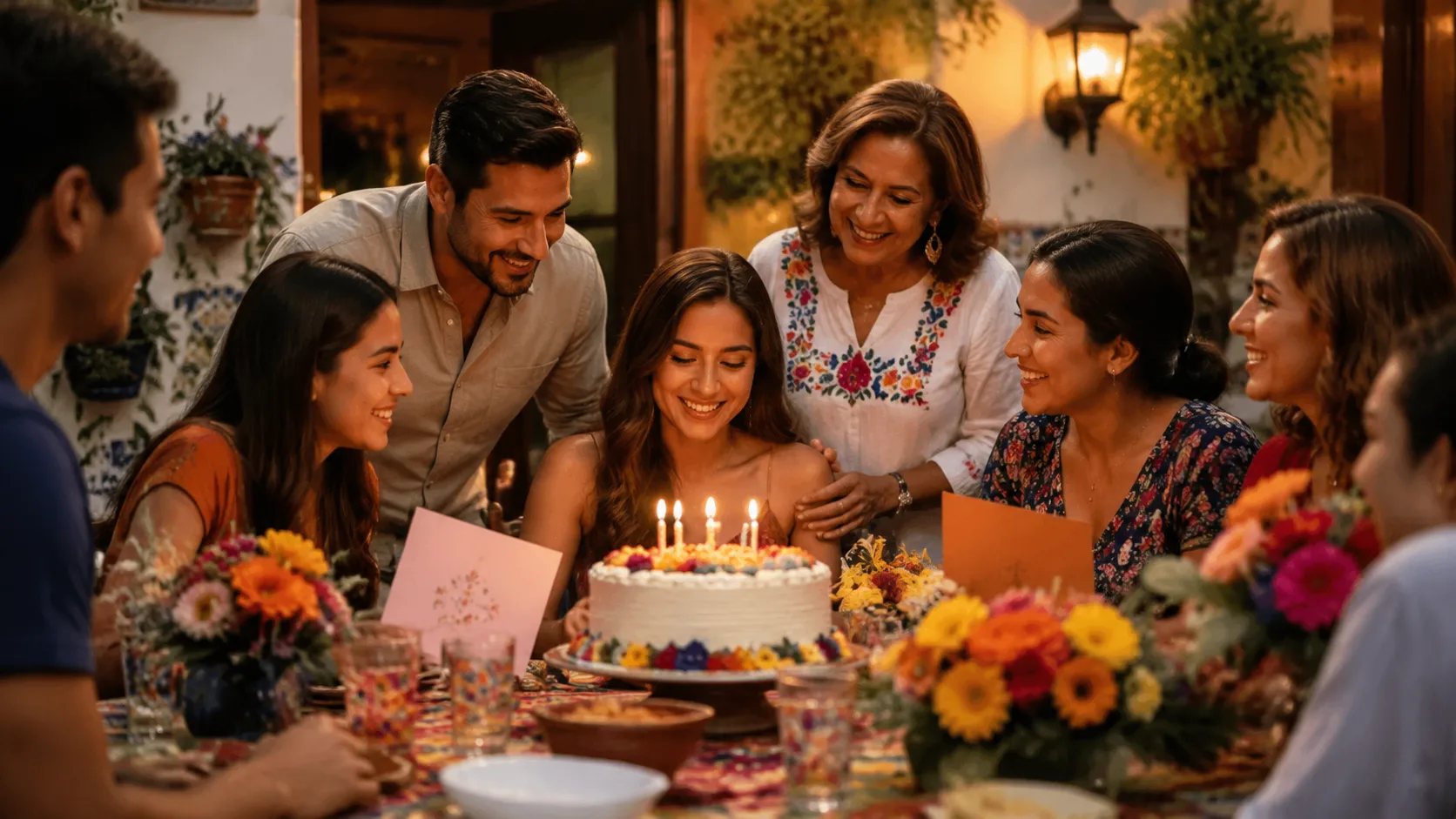 Birthday wishes in Spanish shared during a warm multicultural birthday celebration with family and friends.