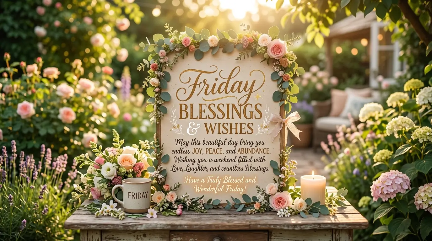 Friday blessings wishes with peaceful morning light, flowers, and prayerful mood