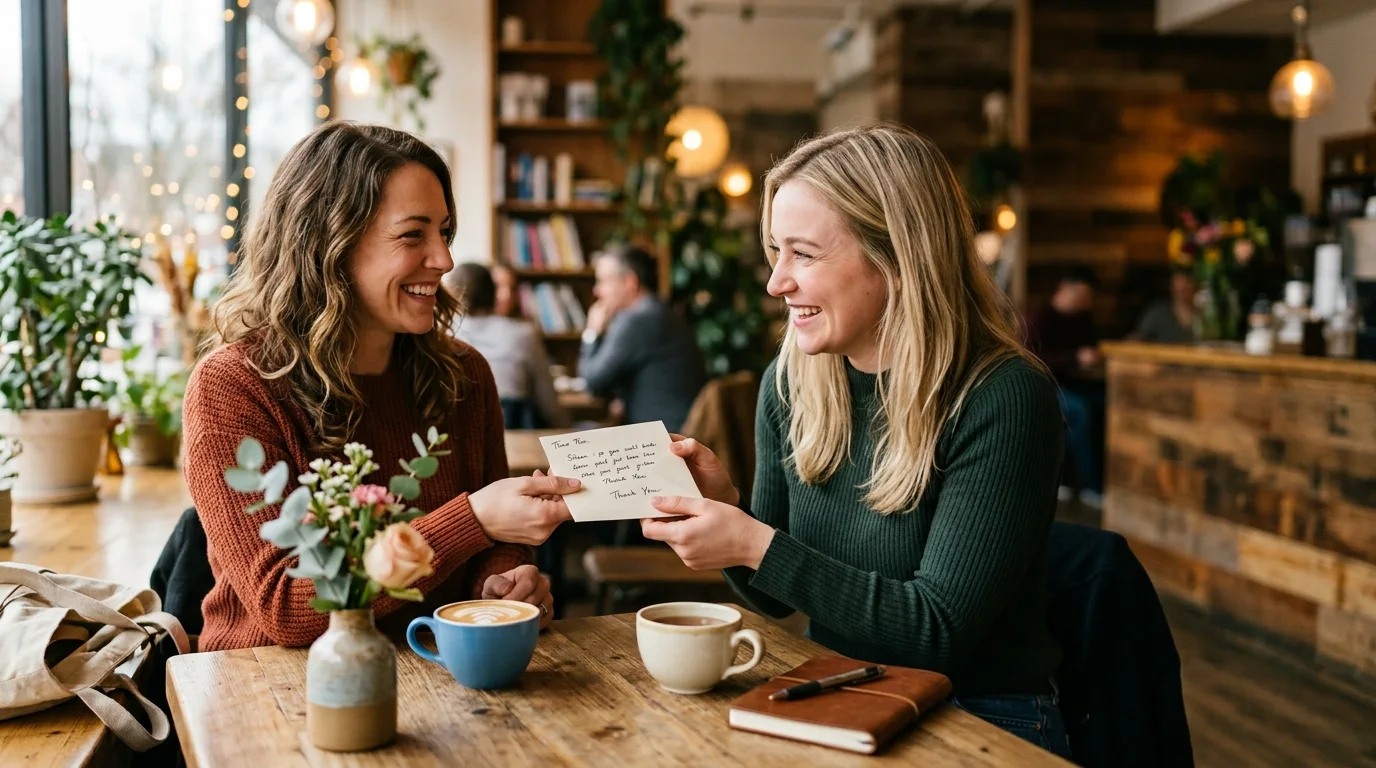 Person expressing appreciation through a heartfelt gratitude message with a meaningful thank-you card.