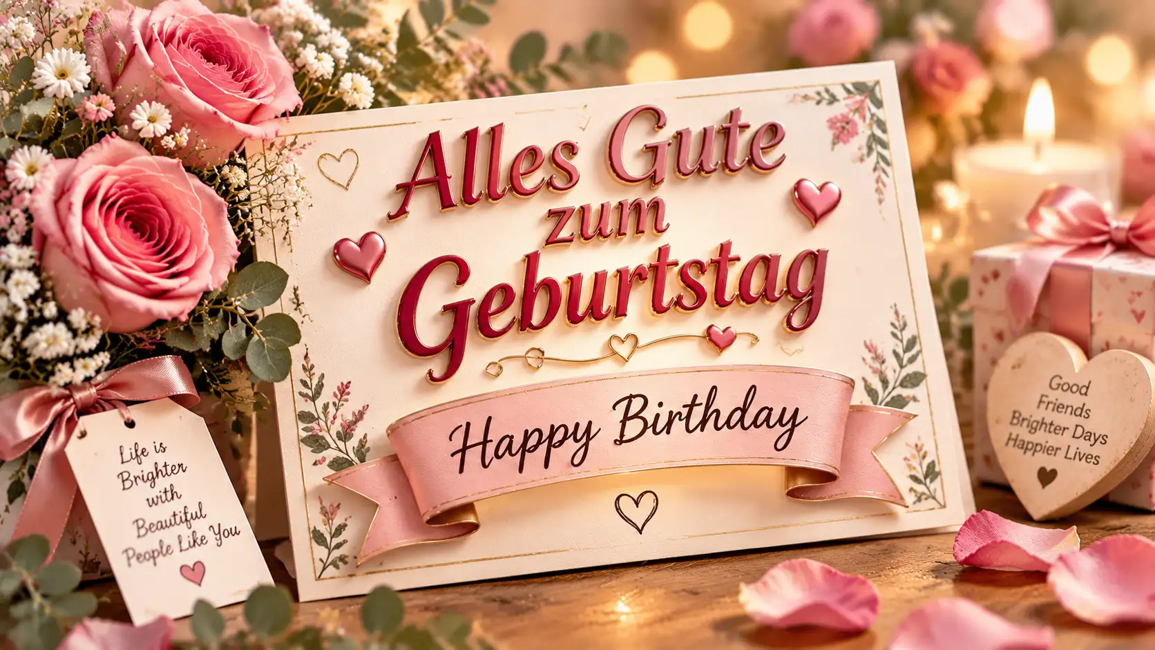 Beautiful German birthday wishes written on a birthday card with flowers