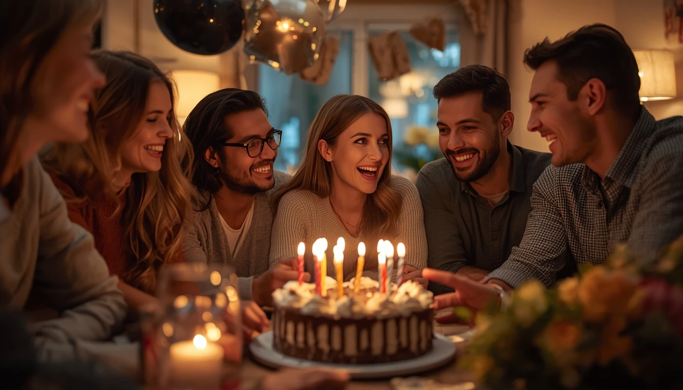 Friends celebrating together with a birthday cake, representing heartfelt happy birthday wishes in German.