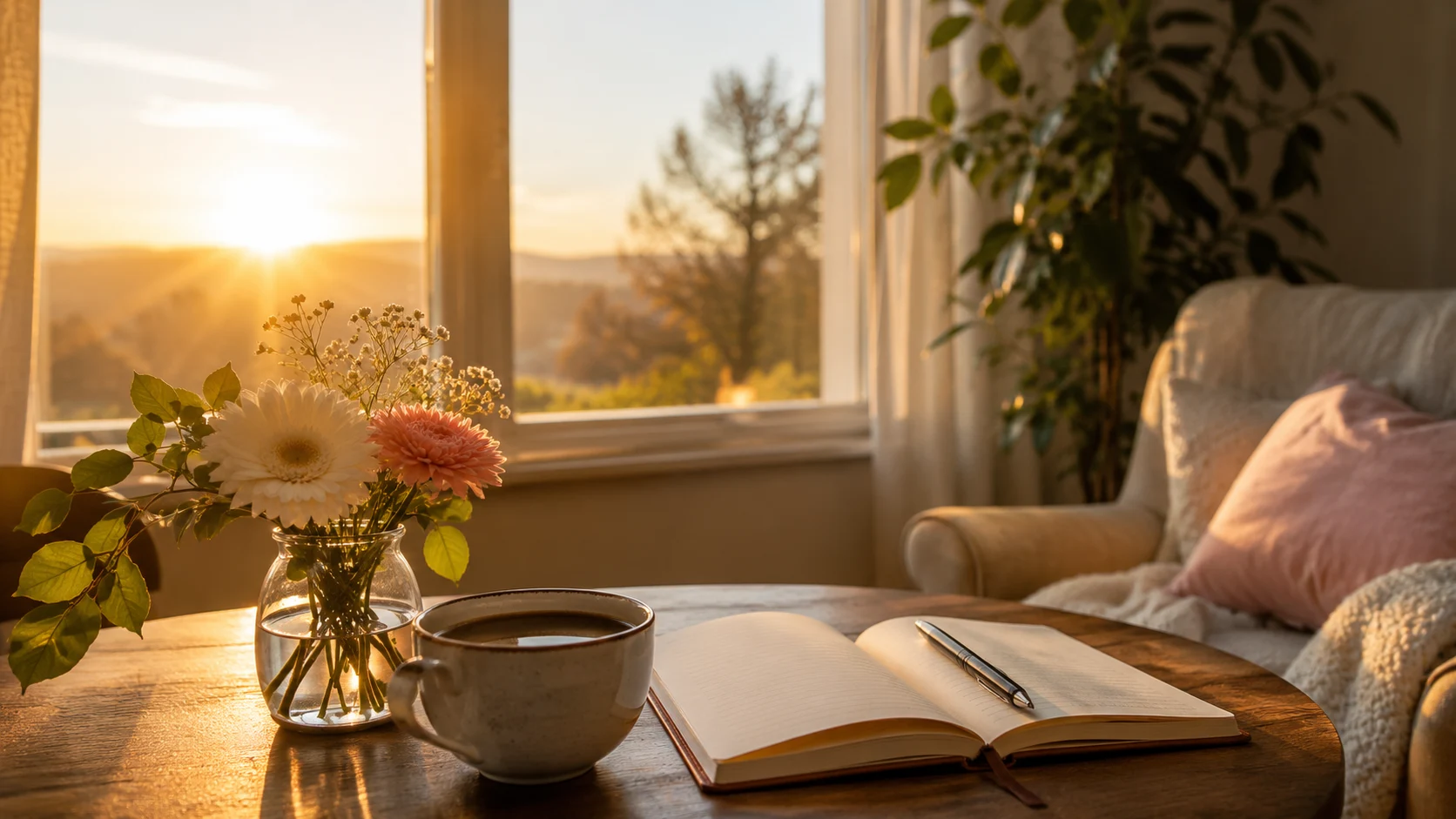 Peaceful Monday morning with coffee, flowers, and sunrise light.
