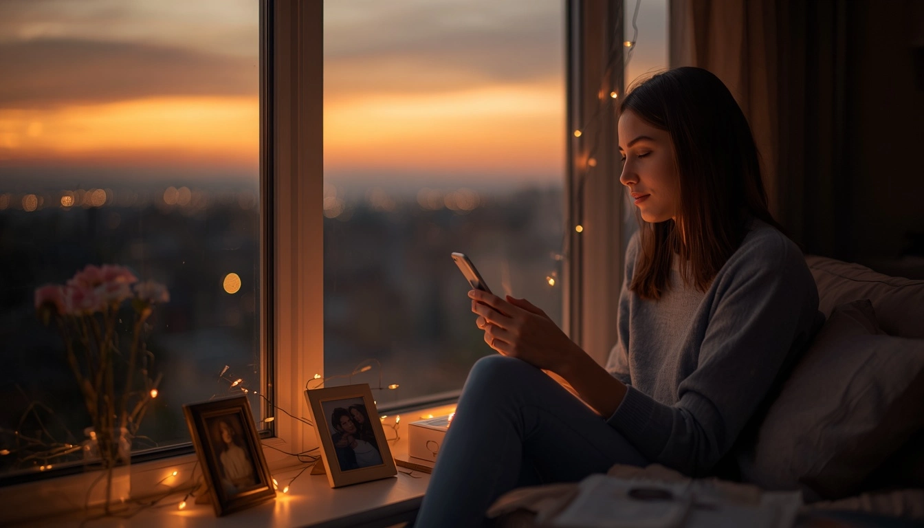 Person holding a phone by a window while remembering someone special they miss.