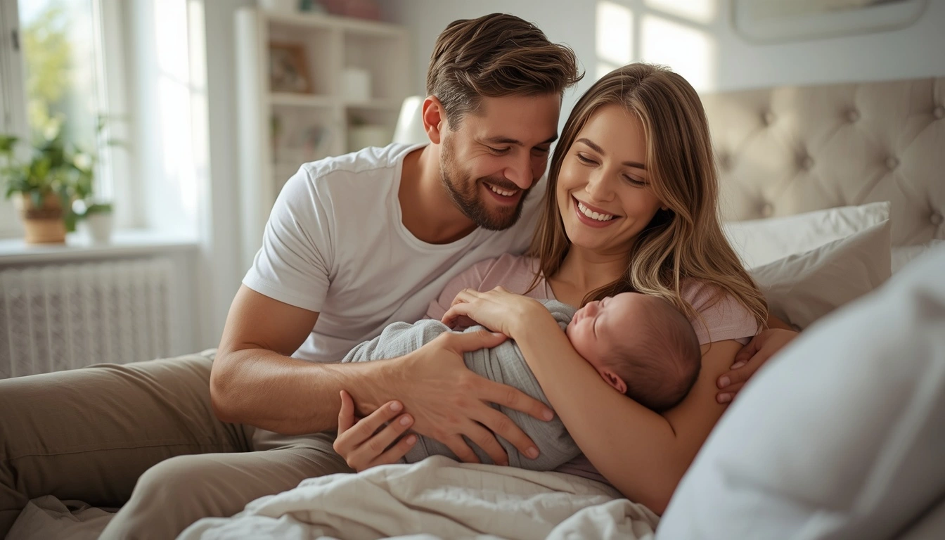 New parents sharing a loving moment while holding their sleeping newborn baby at home.