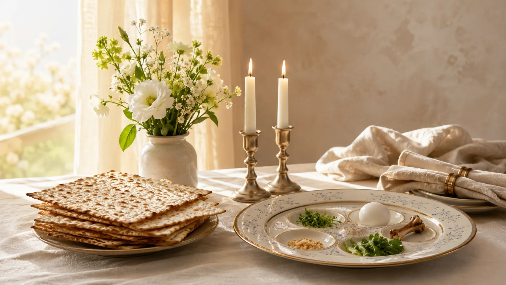 Passover table setting with matzah, candles, flowers, and ceremonial items.