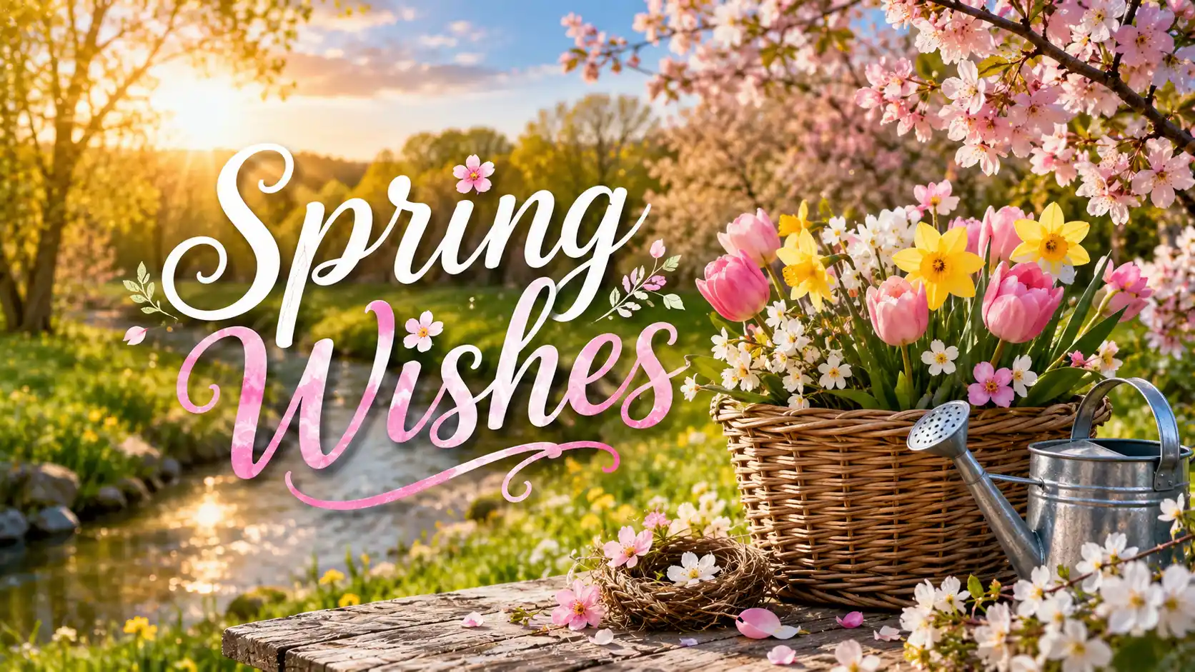 Spring Wishes with blooming flowers, golden sunrise, lush greenery, and elegant seasonal typography.