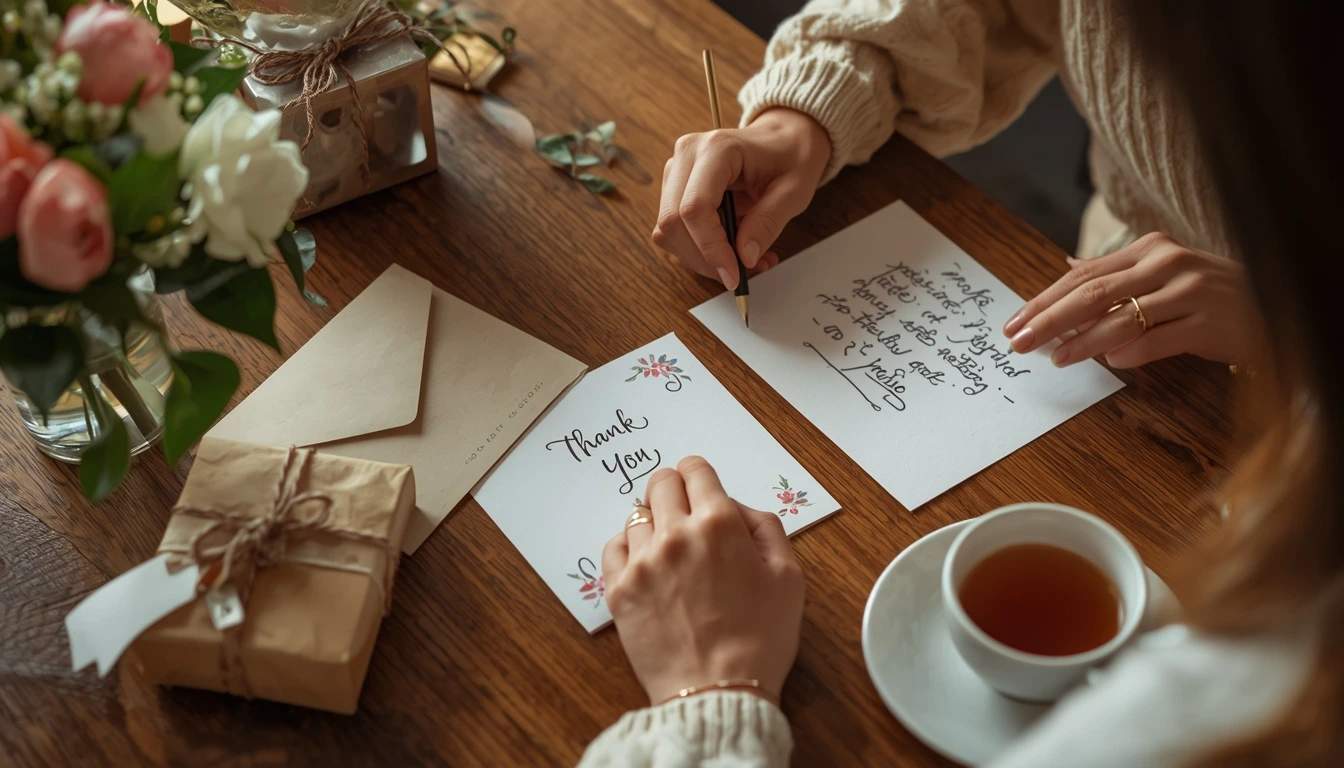 A person writing a heartfelt thank you message in a greeting card with flowers, gifts, and stationery on a warm wooden table.
