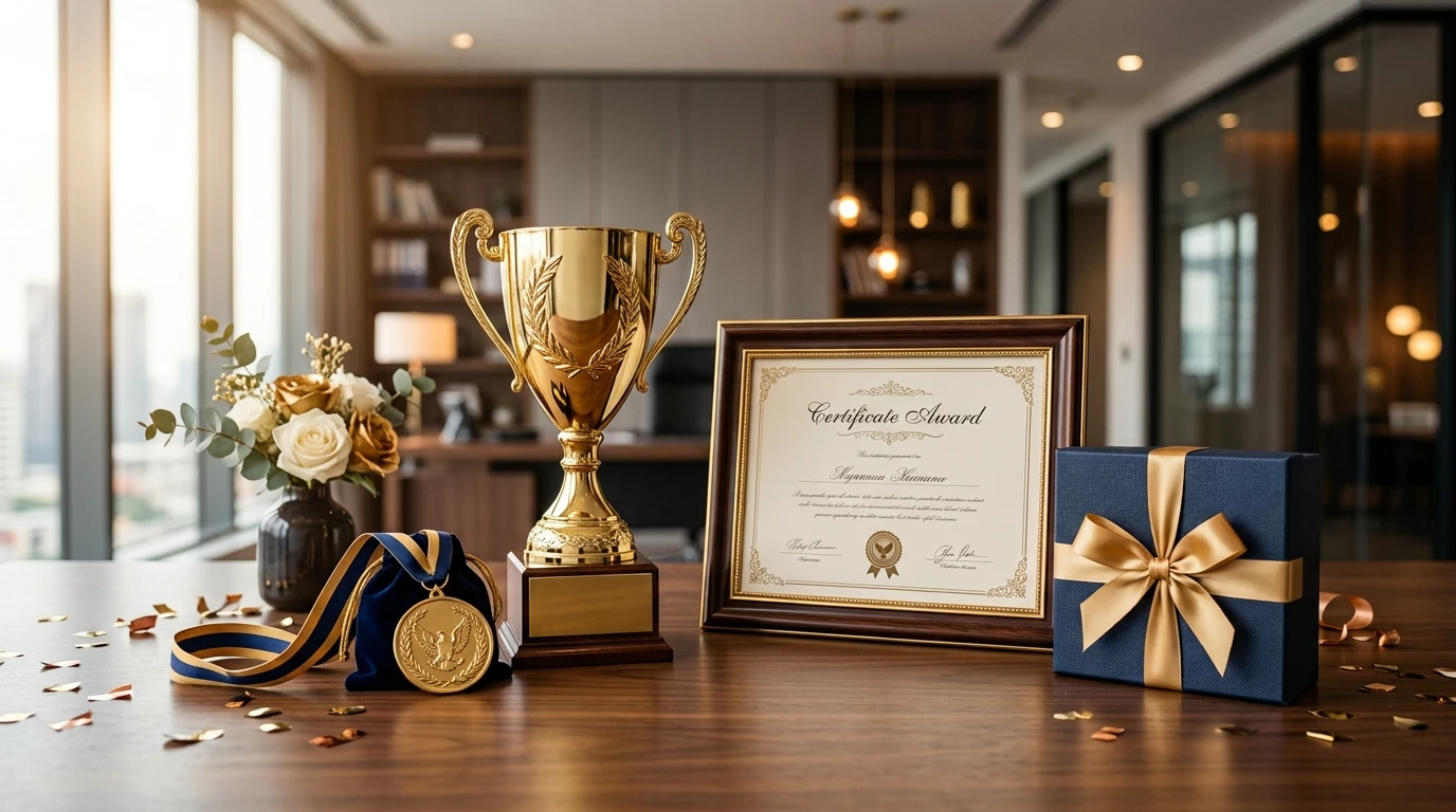 Golden trophy, certificate, congratulation card, and celebration decorations representing achievement and success.