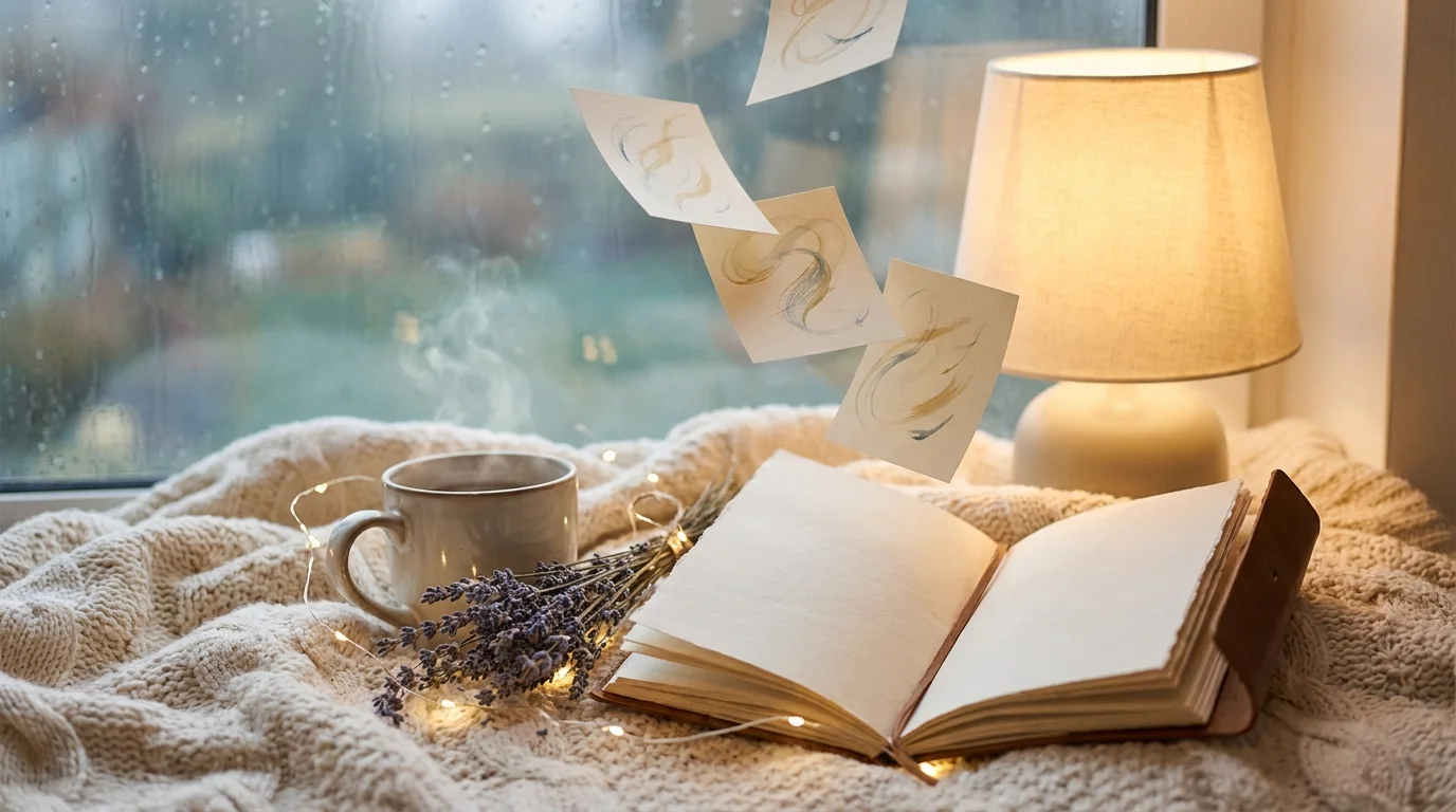 Open journal, warm lamp, tea, lavender, and softly glowing notes arranged in a peaceful cozy setting representing comforting and reassuring words.