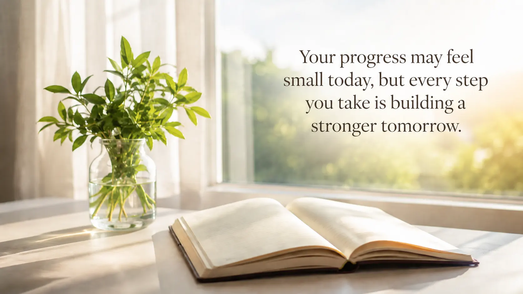 Daily encouragement quote displayed on a peaceful sunlit desk with an open journal, green plant, and inspiring message about progress and growth.