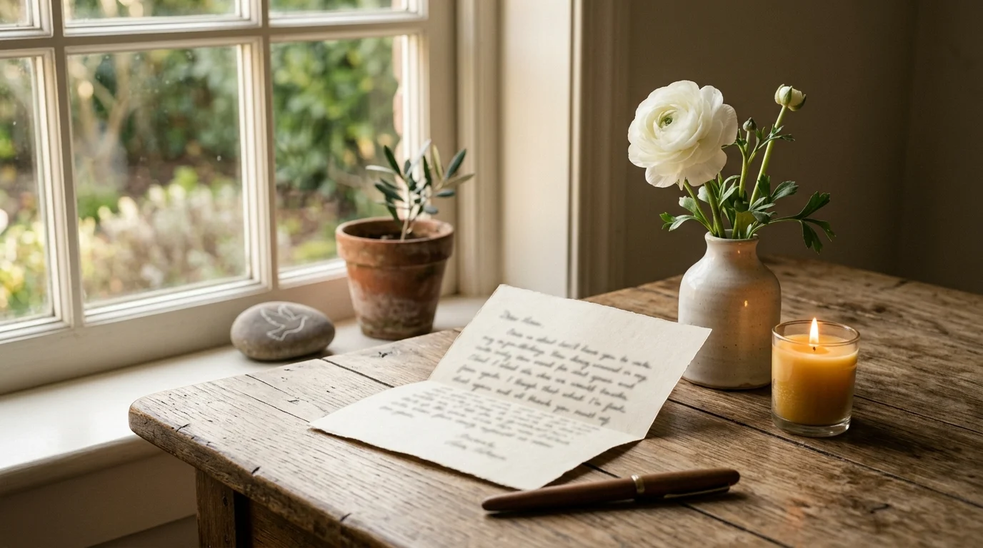 Handwritten apology letter with a white flower symbolizing forgiveness and healing.