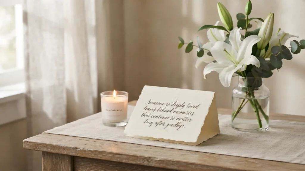 Meaningful sympathy message card beside white lilies and a softly glowing candle