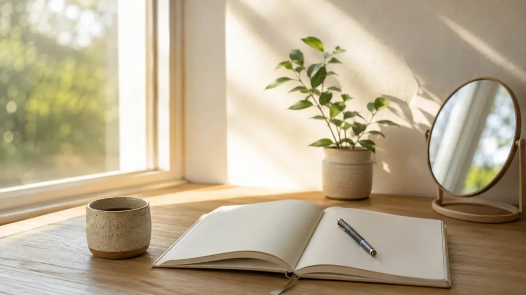 Open journal and peaceful morning workspace representing positive affirmations and encouraging daily self-talk.