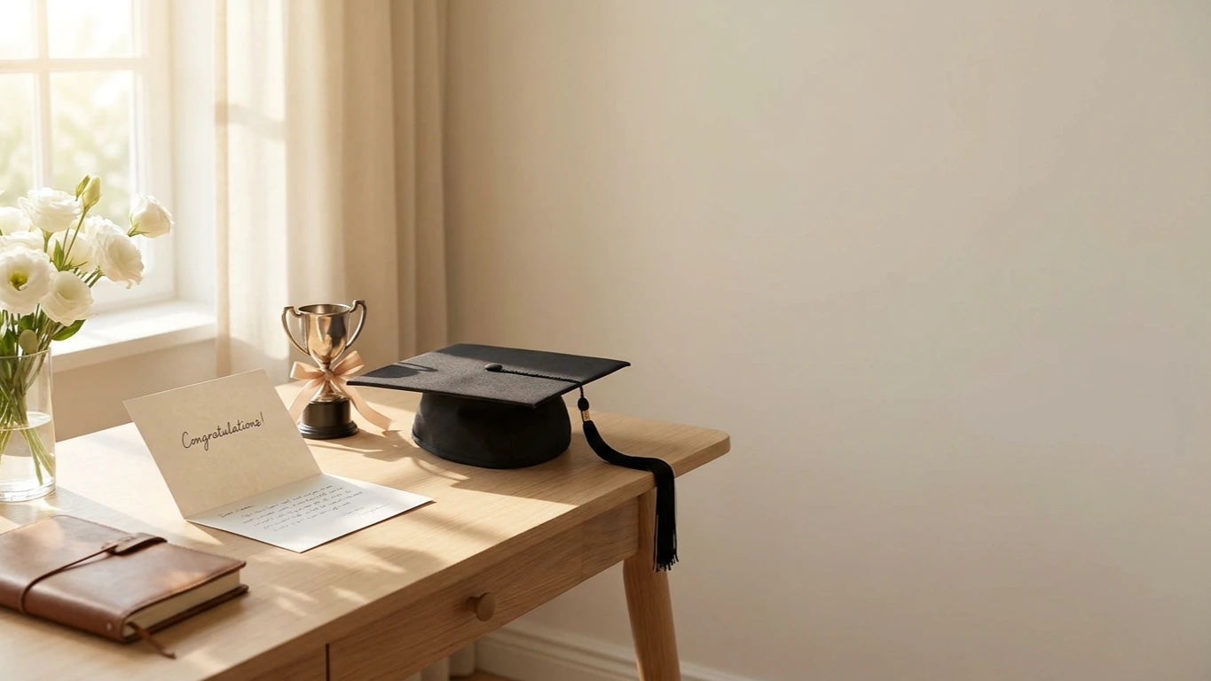 A congratulatory achievement setup with a card, trophy, flowers, and notebook symbolizing pride and success.