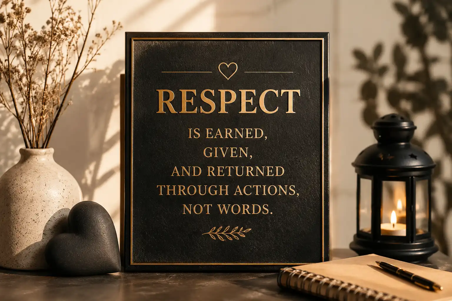 **Image Alt Text:** Respect quotes featured on a premium black and gold inspirational plaque with a heart symbol, notebook, candle lantern, and elegant decor representing dignity, self-worth, and mutual respect.