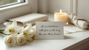 Sympathy messages card with white lilies, roses, and a memorial candle