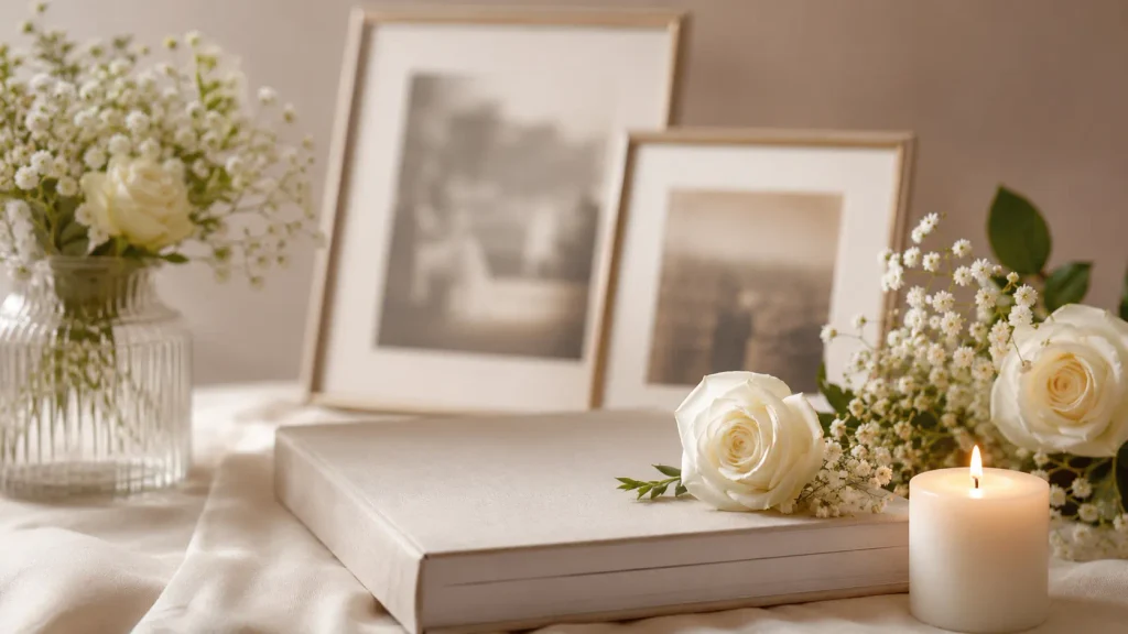 Sympathy messages for loss of mother and father with flowers, memory frames, and candle