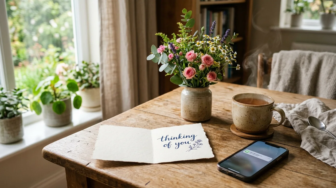 Warm greeting card, flowers, tea, and smartphone representing thoughtful thinking of you messages.