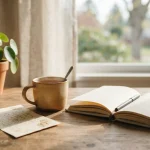 A warm encouragement card beside a journal, mug, and plant, representing Words of Encouragement and emotional support.