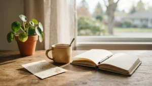 A warm encouragement card beside a journal, mug, and plant, representing Words of Encouragement and emotional support.