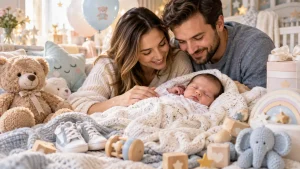 Happy parents celebrating the arrival of their newborn baby with love and joy for baby congratulations messages article