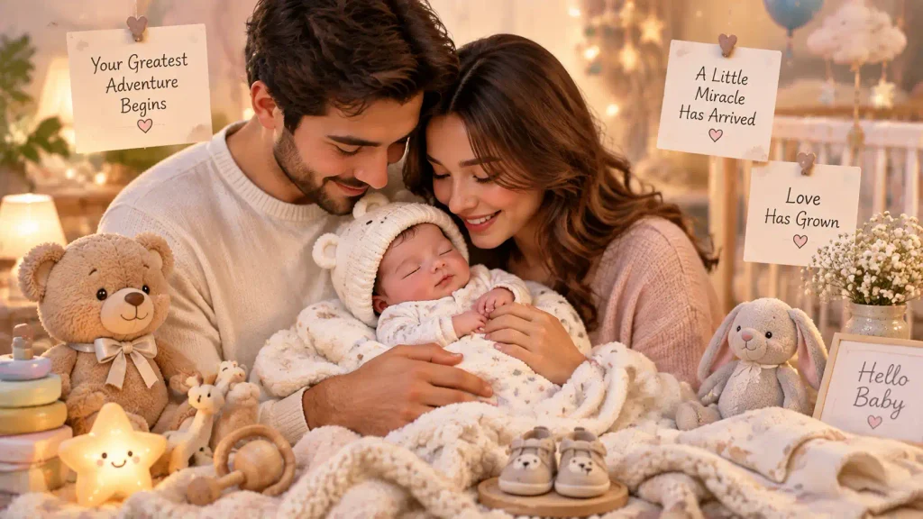 Happy new parents holding newborn baby with emotional wishes and family celebration atmosphere