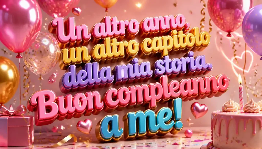 Italian birthday caption with playful 3D social media style text.