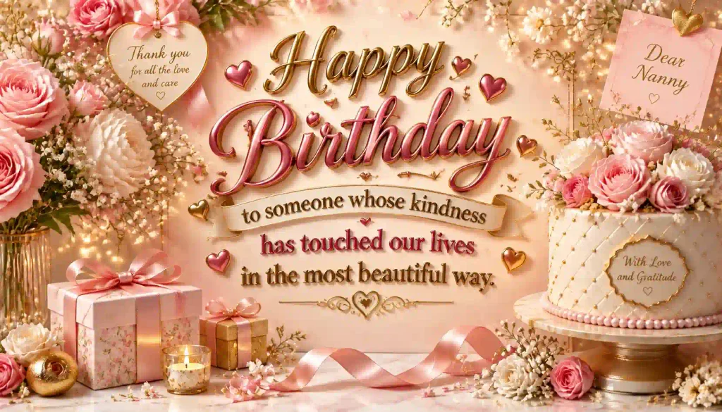 Elegant birthday card design with flowers, golden accents, cake, and warm decorative elements for a nanny celebration without people.