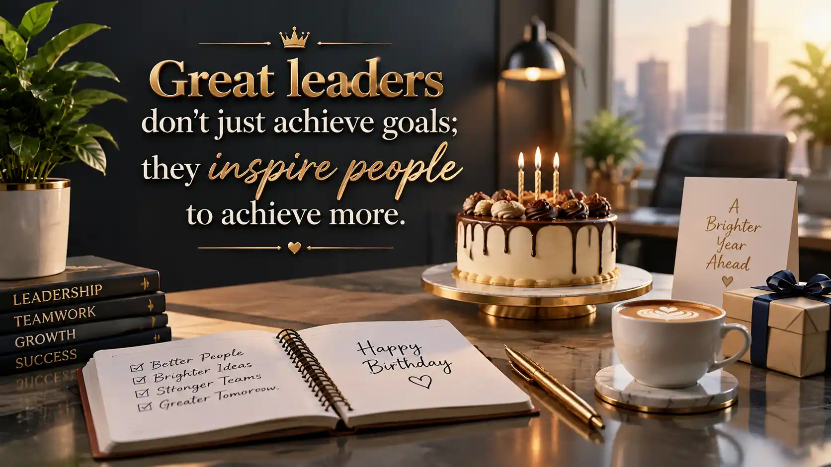 Birthday quotes for team leader displayed on a professional leadership themed office celebration image.