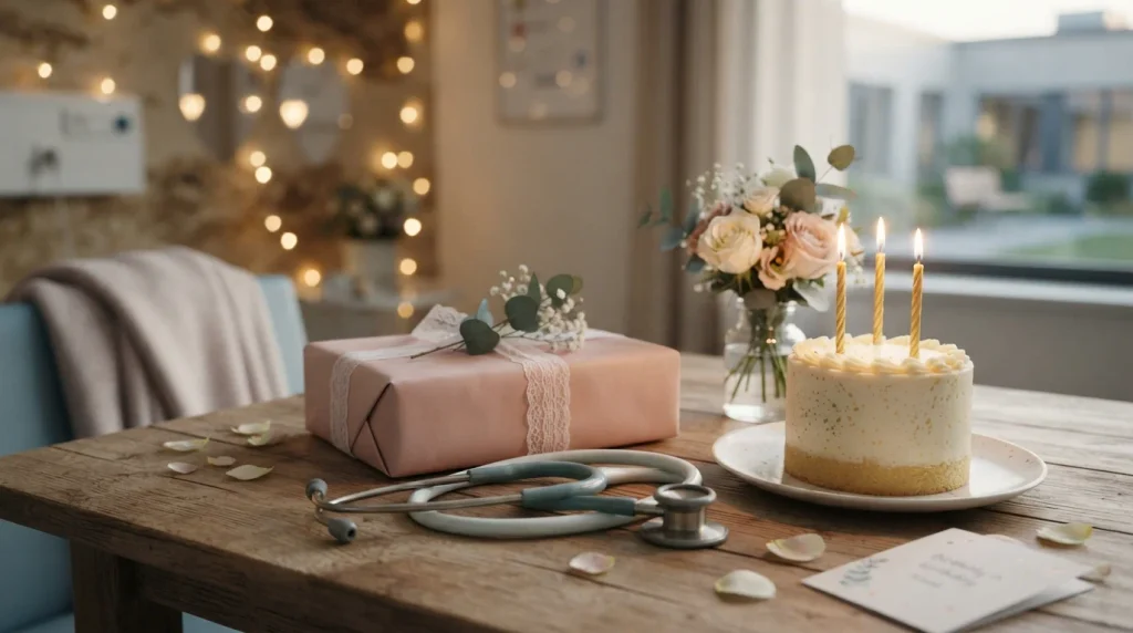 Stethoscope, birthday gift, flowers, and cake symbolizing appreciation and inspiration for nurses.