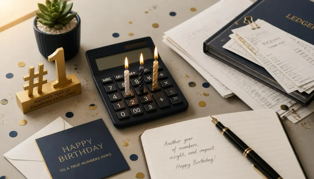 Flat-lay of a calculator with lit birthday candles, ledger papers, confetti, and a pen on a tidy accountant's desk, styled for a birthday celebration.