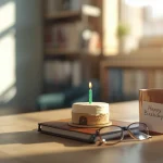 A sunlit professor's desk with a small birthday cake, coffee mug, handwritten card, and reading glasses, creating a warm academic birthday scene.