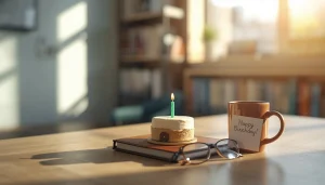 A sunlit professor's desk with a small birthday cake, coffee mug, handwritten card, and reading glasses, creating a warm academic birthday scene.