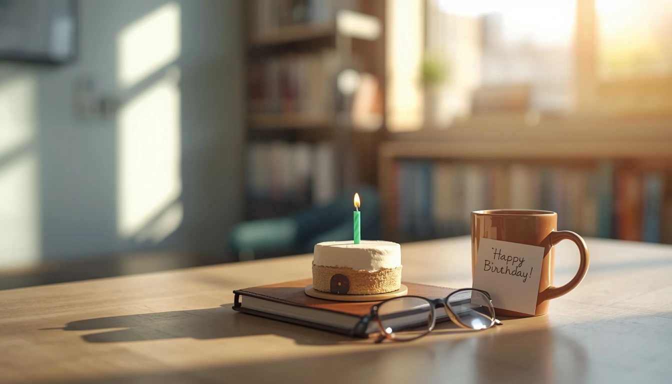 A sunlit professor's desk with a small birthday cake, coffee mug, handwritten card, and reading glasses, creating a warm academic birthday scene.