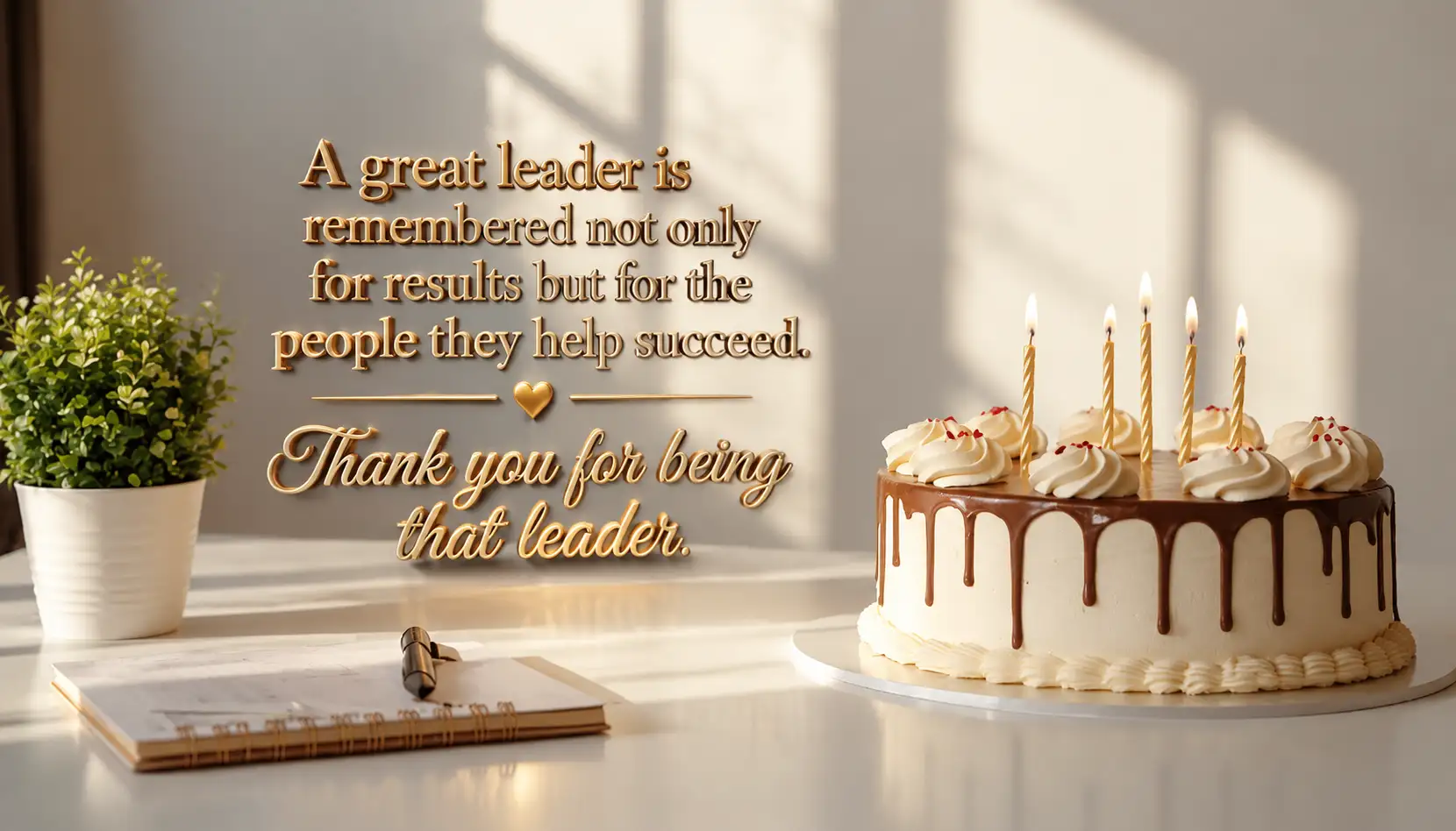 Professional office birthday setup representing birthday wishes for team leader with a card and celebration elements.