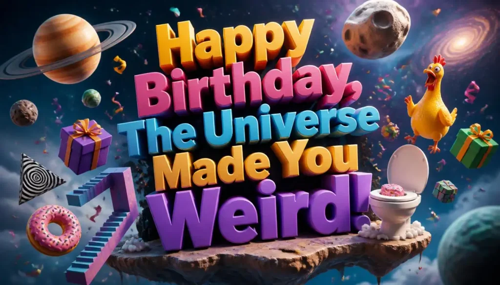 Bizarre birthday wishes design featuring surreal floating 3D text, fantasy birthday objects, and playful absurd humor elements.