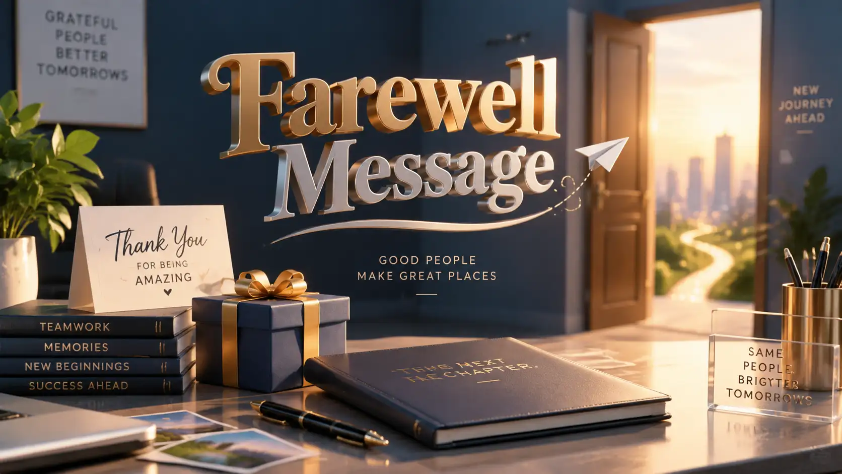 Professional 3D farewell message concept with elegant office elements representing a colleague’s goodbye and new journey.