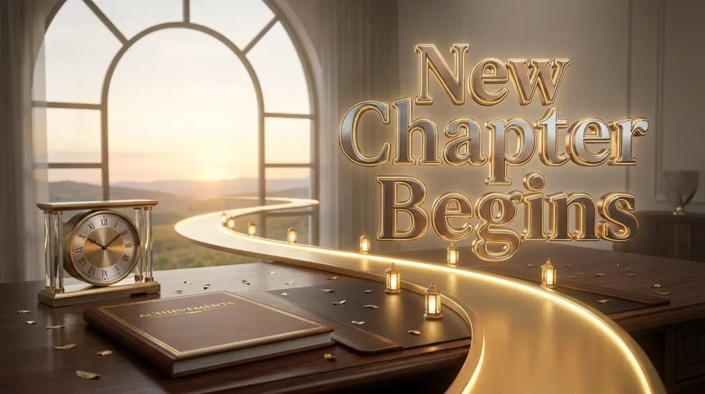 Elegant 3D retirement farewell concept showing a new chapter and successful transition after work life.