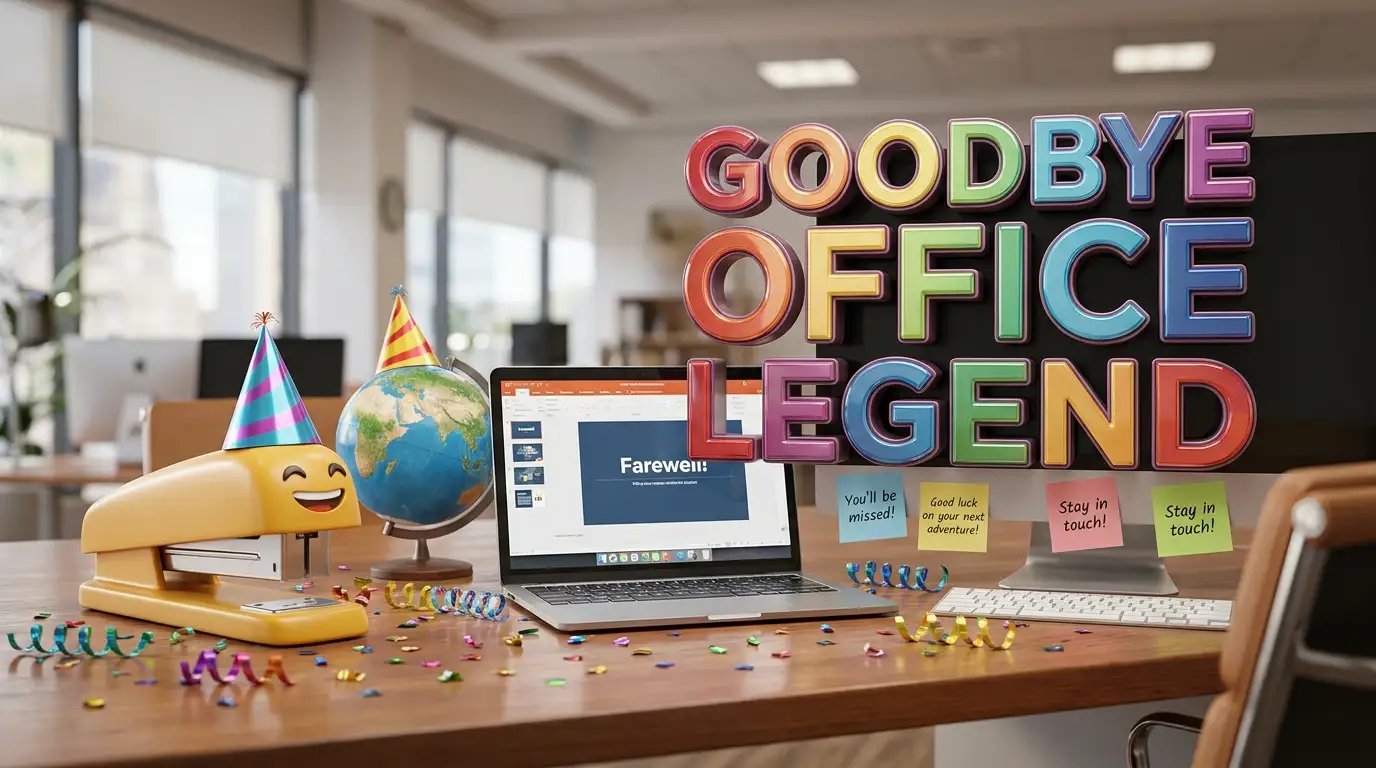 Playful 3D office farewell design with humorous goodbye theme for a colleague leaving work.